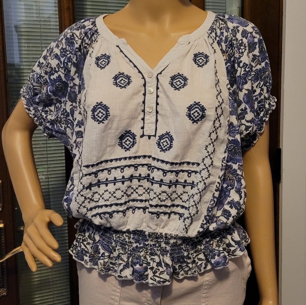 Vintage Lucky Embroidered Front Smocked Waist Peasant Blouse